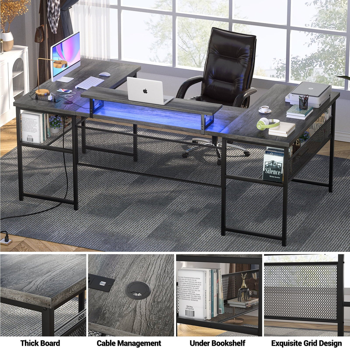 Homieasy U Shaped Desk with Power Outlet and LED Strips, 129.9'' Ergonomic L-Shaped Gaming Desk with Monitor Stand, Reversible Corner Computer Desk with Storage Shelf for Home Office, White Oak