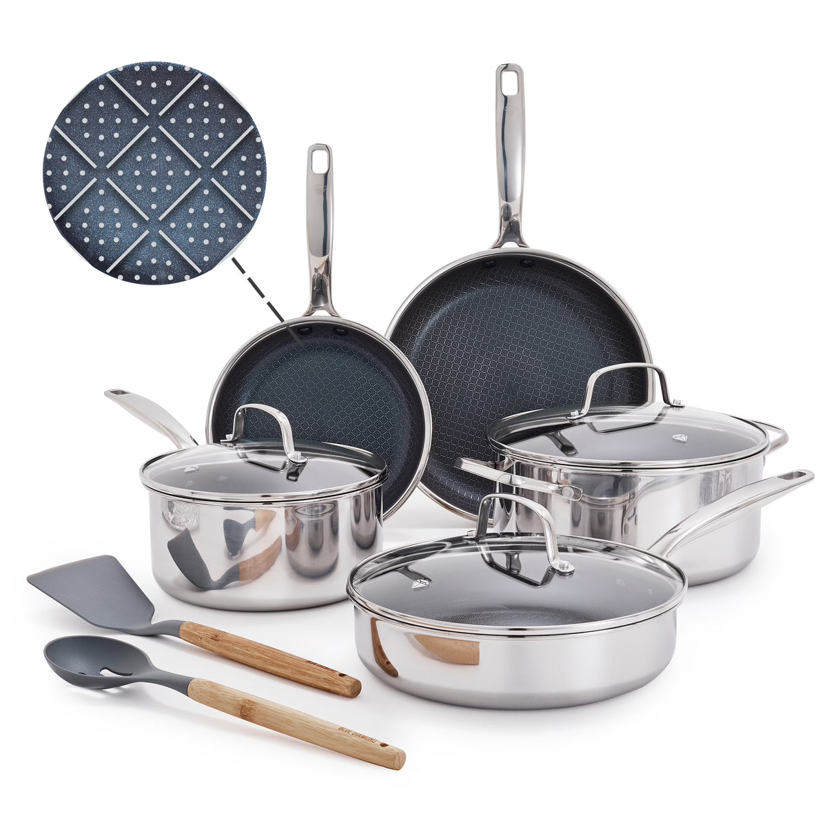 Blue Diamond 10-Piece Diamond-Bond Hybrid Ceramic Nonstick Stainless Steel Cookware Set, Dishwasher Safe