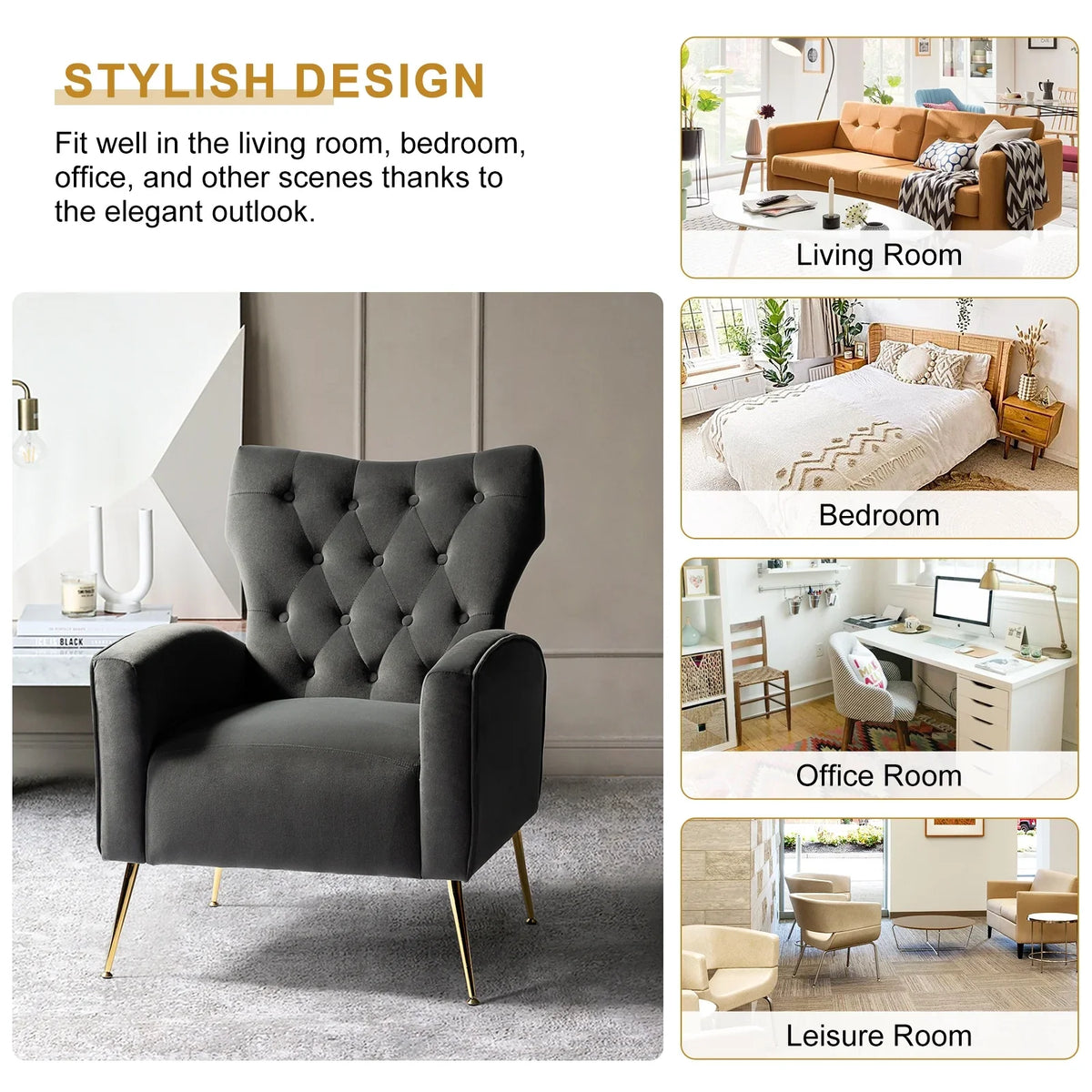Modern Velvet Accent Chair Upholstered Sofa Armchair Button Tufted Metal Legs Adult Bedroom Home Living Room Grey