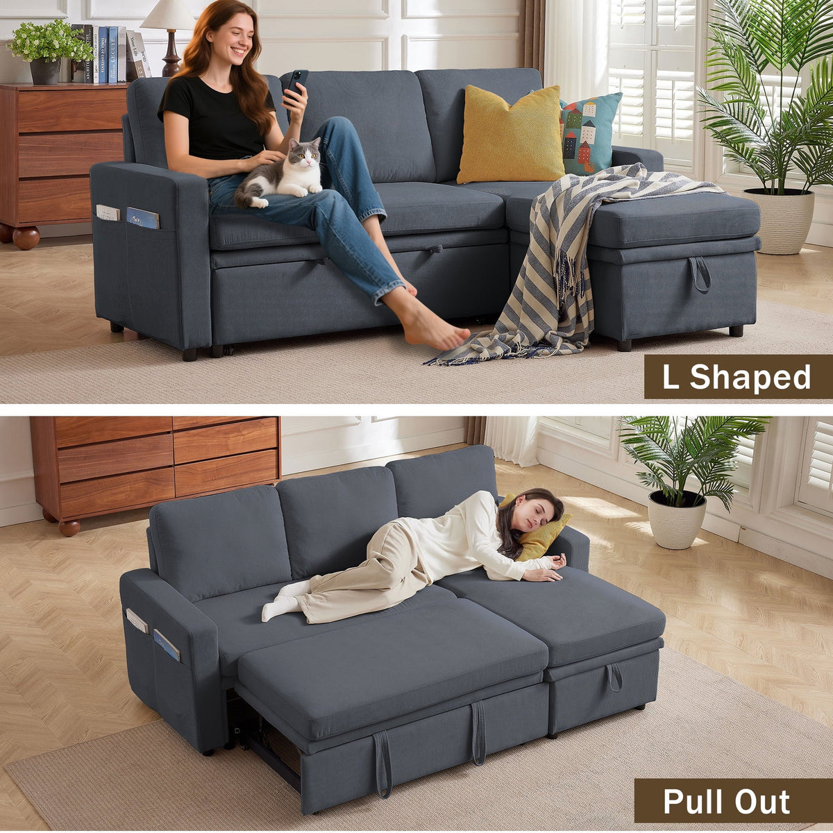 Pingliang Home Pull Out Sleeper Sofa Bed Sectional Sofa with Storage Chaise,L Shaped Sectionals Couches with Side Pockets,Modern Linen Reversible Sofa Couch for Living Room Apartment Office Studio