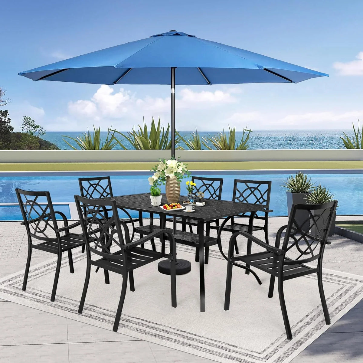 SUNCROWN 5-Piece Outdoor Wrought Iron Chairs and Table Patio Dining Furniture Set - 4 Stackable Metal Chairs, 1 Steel Slat Bistro Table and 1 Sky Blue 9Ft Patio Umbrella for Garden Backyard Deck