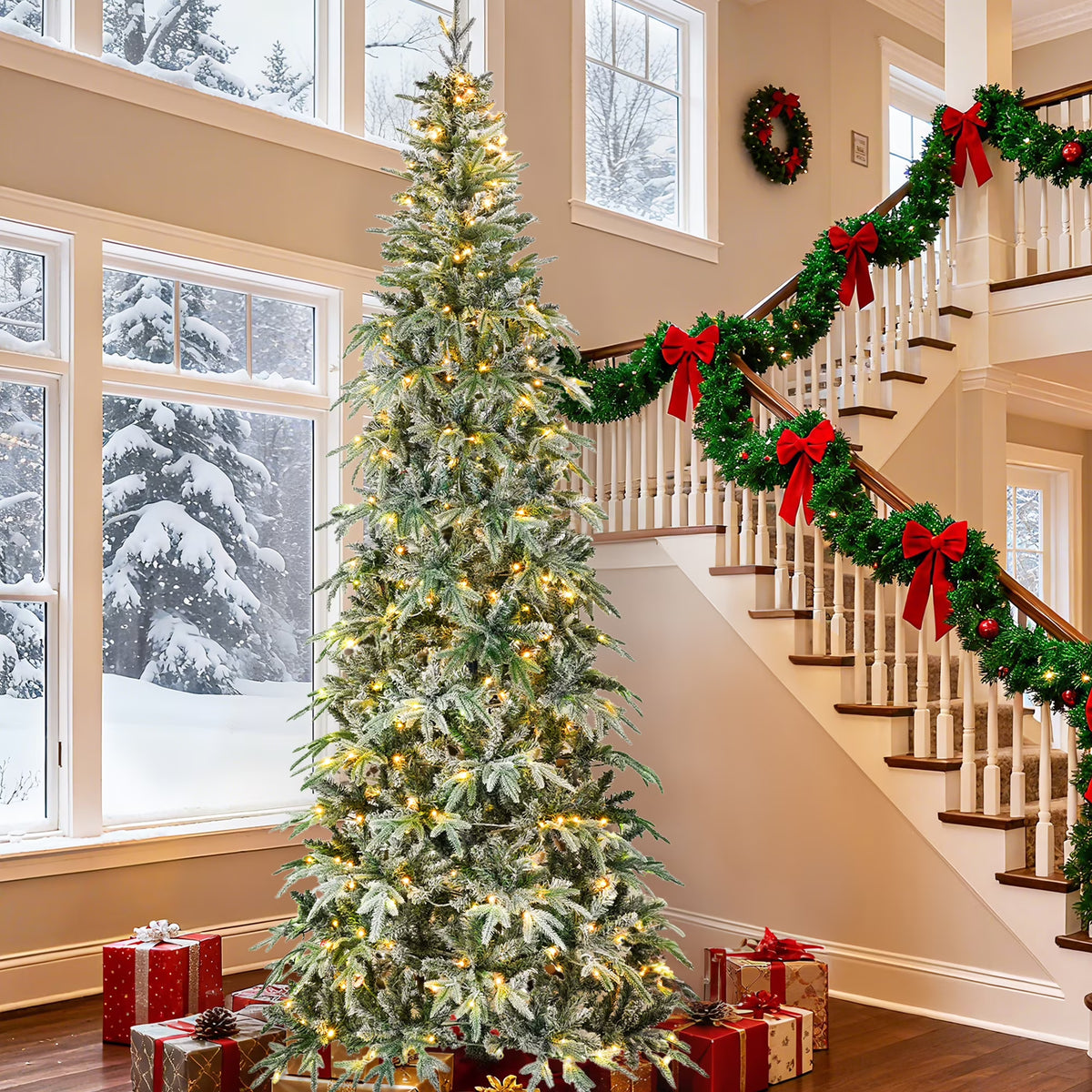 Qunler 9ft Snow Flocked Christmas Tree with 2028 Tips, Artificial Snowy Xmas Pine Tree with Reinforced Metal Base for Home Office Party Holiday Decorations,White(NO Light)