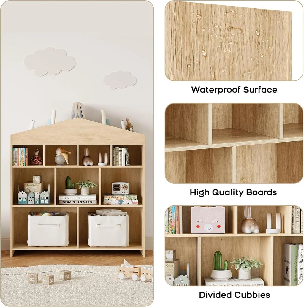 DSstyles Kids Bookshelf 9-Cubby Toy Storage Organizer White Bookcase Toddlers Playhouse Cabinet Shelf for Boys Girls Wooden Storage Toy Shelf for Playroom, Nursery, Kids Room