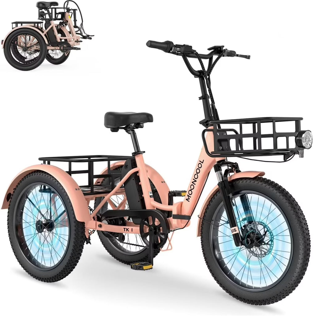 MOONCOOL TK1 Folding Electric Tricycle for Adults,48V 14.5Ah Removable battery, 500W"Peak 1000w"Motor, 20" Fat Tire Step-Thru 3Wheel Electric Bicycle w/Front&Rear Baskets, Certified to UL 2849 by SGS