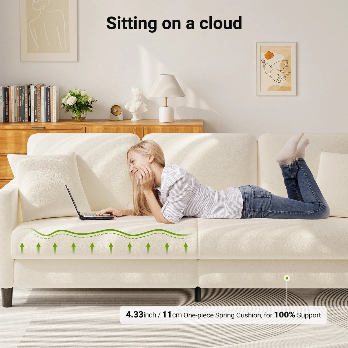 83" Comfortable Upholstered Sofa, 3 Seater Couch for Living Room, Neche Big Loveseat with Extra Deep Seats, 2 Pillows, Beige White