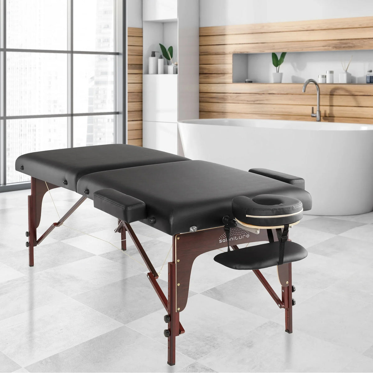 Saloniture Professional Portable Lightweight Bi-Fold Memory Foam Massage Table with Reiki Panels - Includes Headrest, Face Cradle, Armrests and Carrying Case - Burgundy