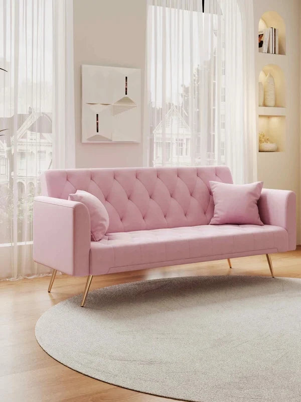FFH Modern Corduroy Futon Sofa Bed with Adjustable Backrest,Convertible Loveseat Sleeper,Soft Couch with Drop-Down Table and Cup Holder for Living room,Pink