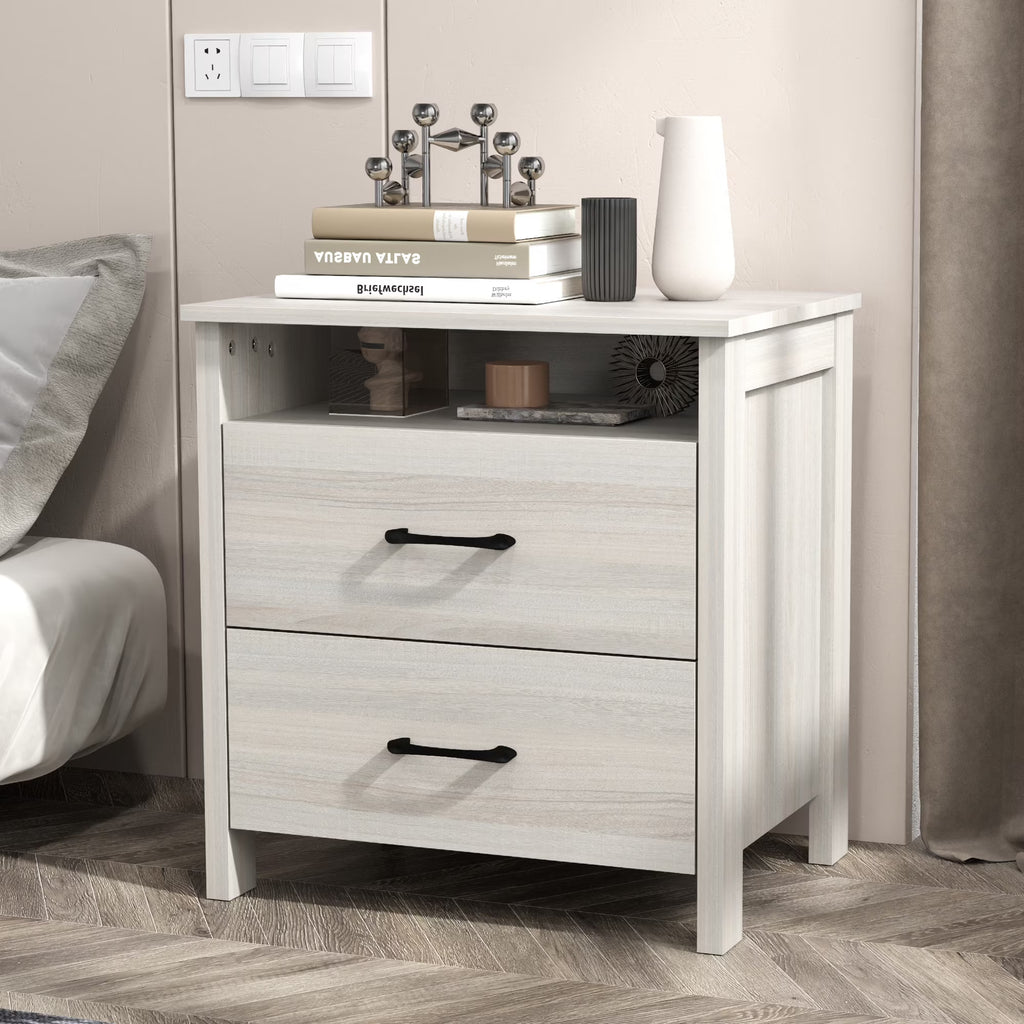 Farmhouse Nightstand with 2 Drawers, Rustic Grey Bedside Table with Open Shelf, Wooden Side End Table for Bedroom
