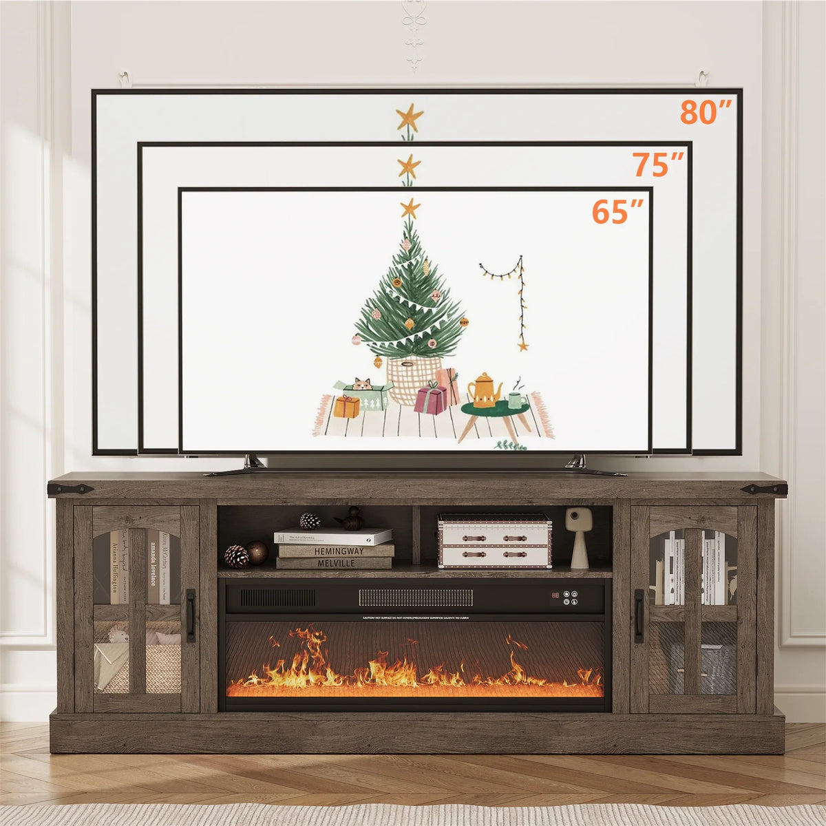 Planntonneo Mid-Century Modern Fluted TV Stand Wooden Media Console Entertainment Center for Living Room, Walnut Color