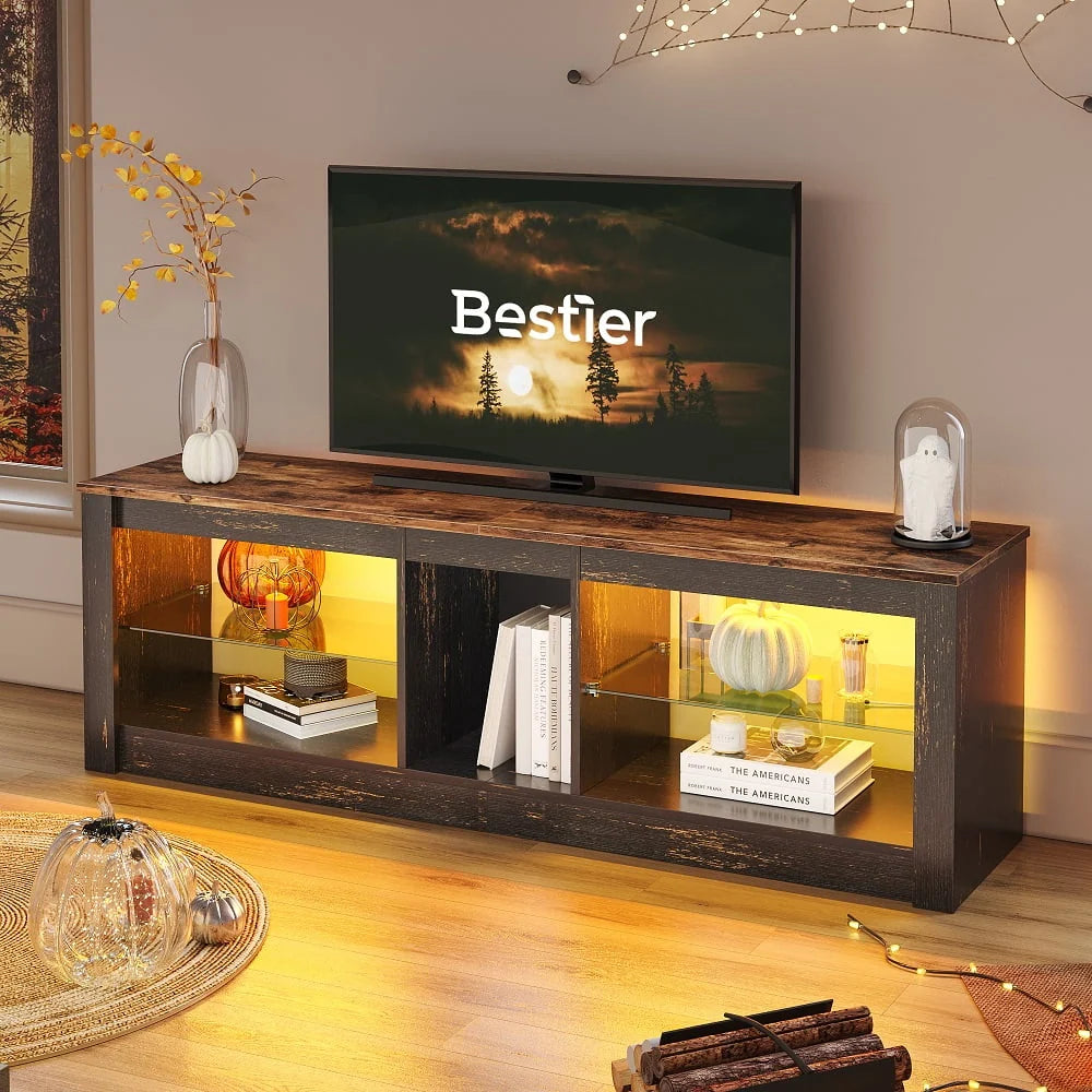 Bestier Entertainment Center with LED Lights TV Stand Media Console Table for TVs up to 60" in Light Grey