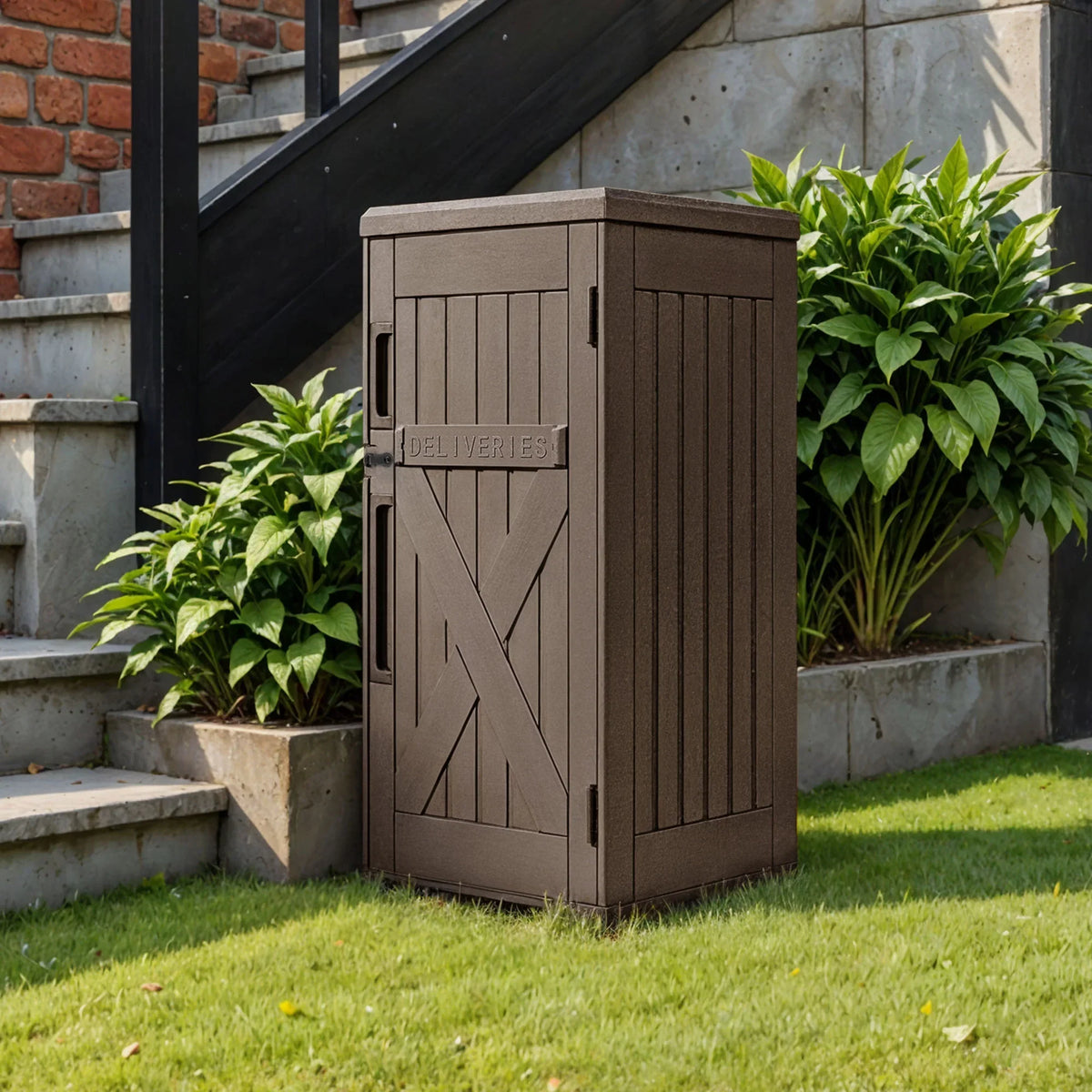 Uforic 60-Gallon Large Outdoor Package Delivery Storage Box, Double-Wall Resin Waterproof Deck Box for Porch or Curbside, Lockable, Brown