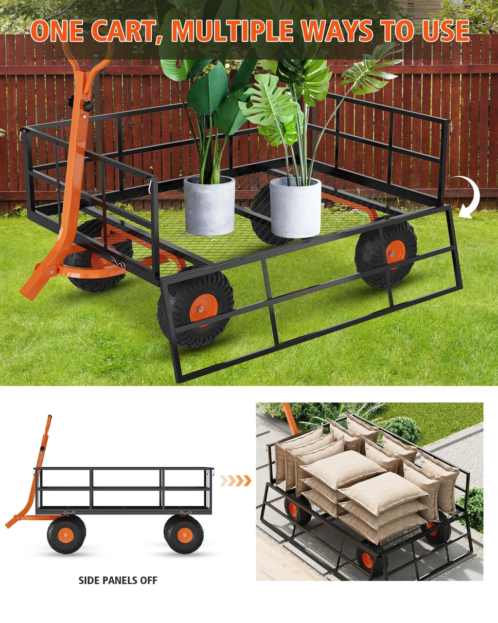 Heavy Duty Steel Garden Cart, Garden Wagon Cart on Wheels, Outdoor Metal Yard Utility Wagon Carts w/Adjustable Handle & Removable Sides(Convert to Flatbed)