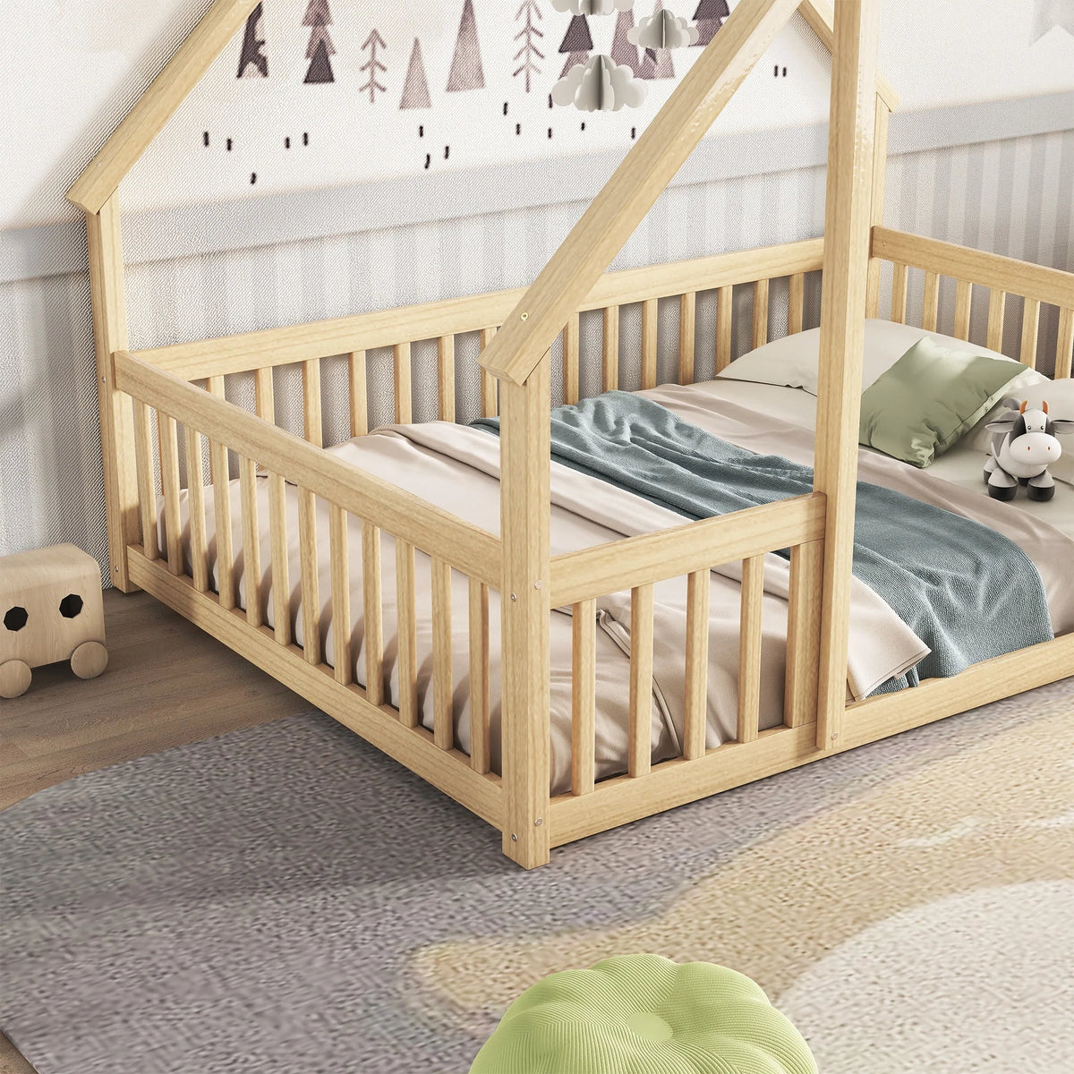Bellemave Twin Size Floor Bed Frame, Wooden House Bed Twin Size with Fence, Montessori Bed with Guardrails for Bedroom (White)