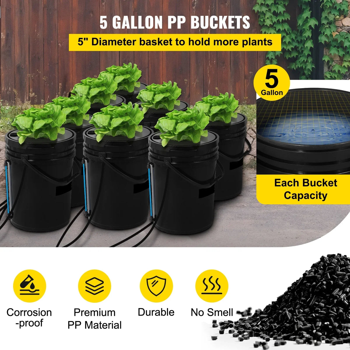 KFFKFF DWC Hydroponic System, 5 Gallon 8 Buckets, Deep Water Culture Growing Bucket, Hydroponics Grow Kit with Pump, Air Stone and Water Level Device, for Indoor/Outdoor Leafy Vegetables