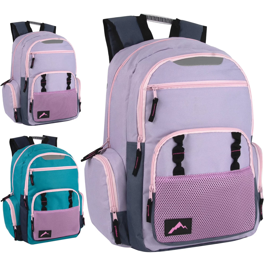 24 Pack of Bulk Wholesale Heavy Duty, Reflective, Dual Compartment, Multi-Pocket, Laptop Backpacks for Work, School, College, Classrooms, Charity and Homeless Donation in Male Colors Pack