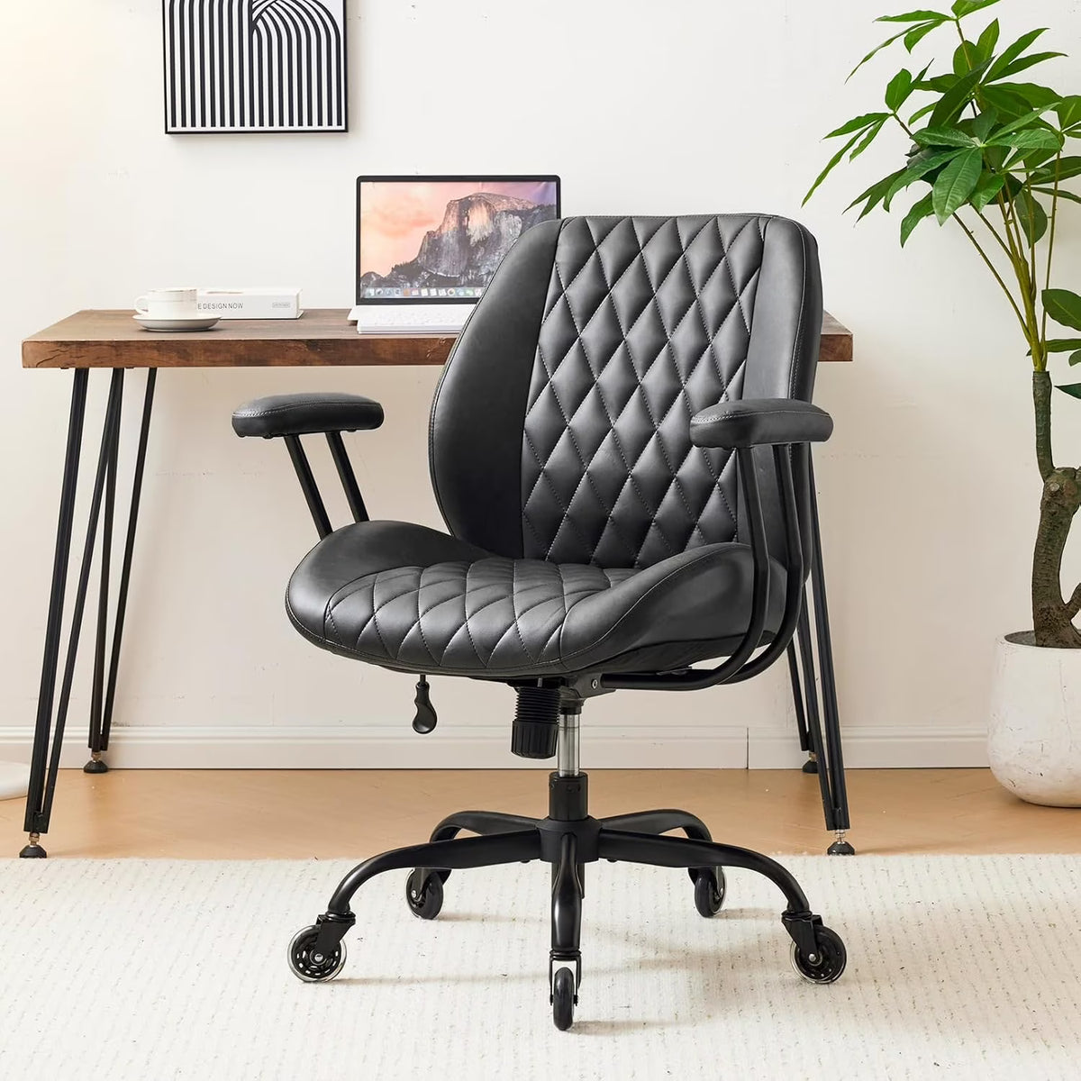 QW Home Office Desk Chair Office Rubber Casters Ergonomic Computer Chair with Lumbar Support Adjustable Height Rolling Swivel Executive Task Armrests Chair. Brown Leather