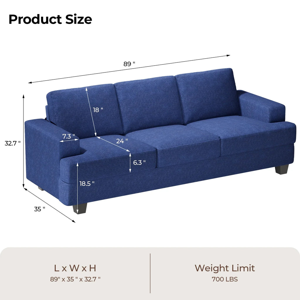 BLAZANT 3 Seater Sofa Oversize, 89" Extra Large Size Sofa Couch with Extra Deep Seats, Modern Loveseat Sofa, Comfortable Fabric, Easy to Install, for Living Room Apartment Lounge, Brown