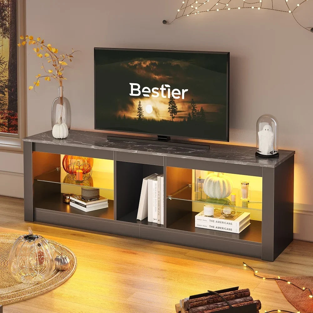 Bestier Entertainment Center with LED Lights TV Stand Media Console Table for TVs up to 60" in Light Grey
