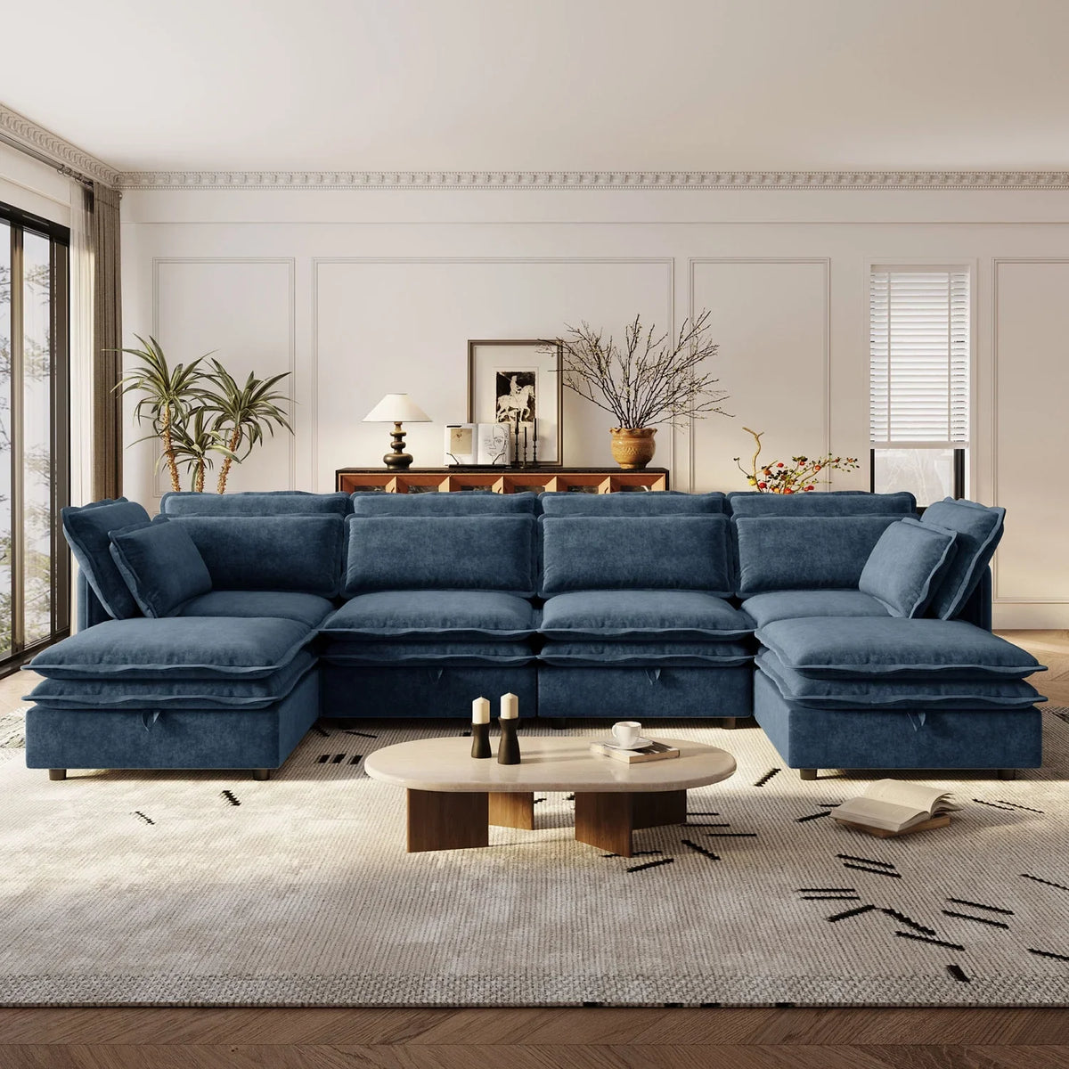 Harper & Bright Designs Modern Modular Corner Sofa Sectional with 2 Storage Ottomans, Free Combination L-Shaped Couch Set with Double-Layer Cushion for Living Room, Dark Blue
