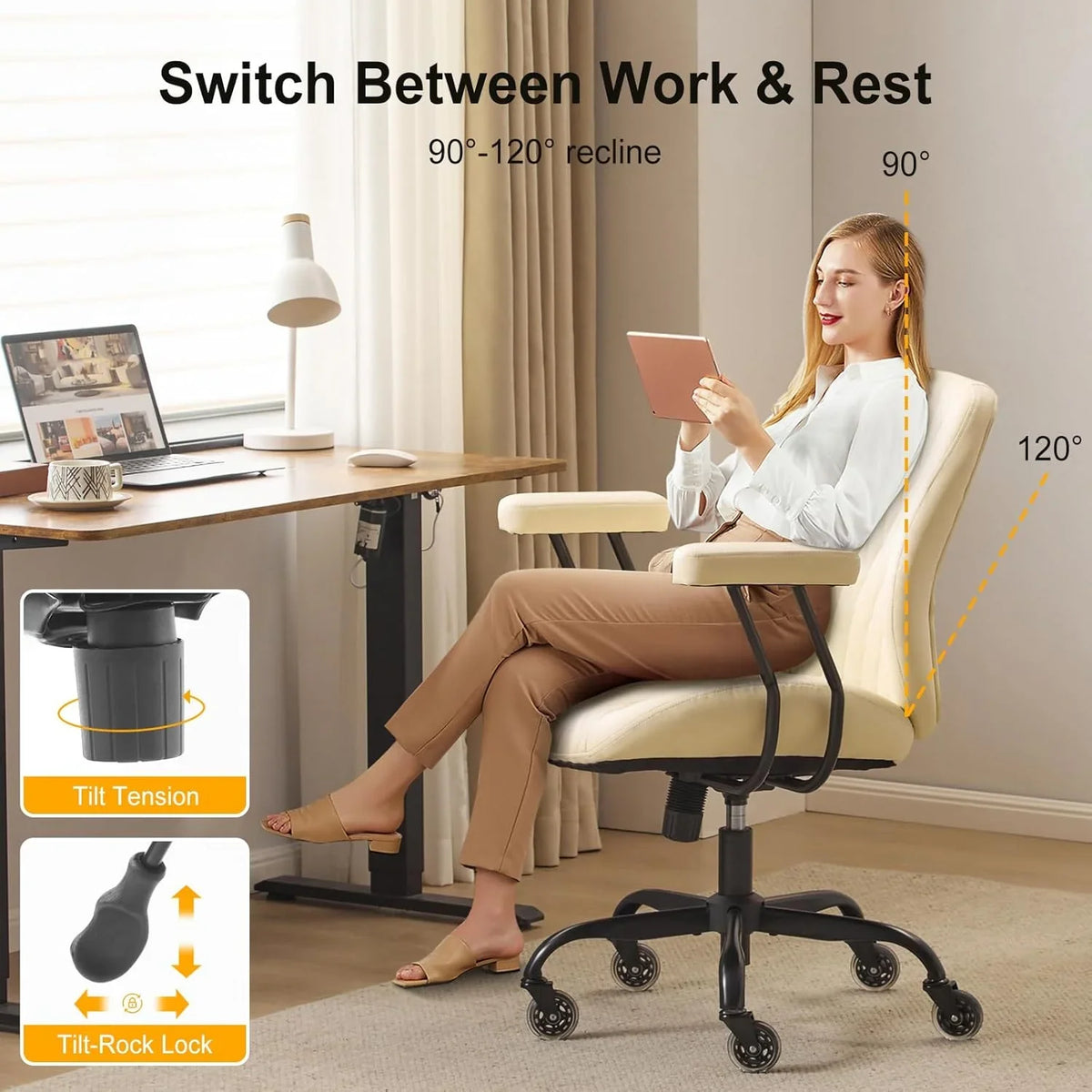 QW Home Office Desk Chair Office Rubber Casters Ergonomic Computer Chair with Lumbar Support Adjustable Height Rolling Swivel Executive Task Armrests Chair. Brown Leather