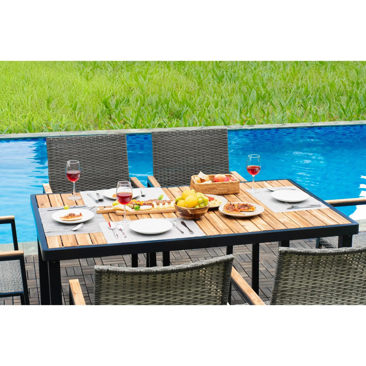 Seizeen 7-Piece Outdoor Table and Chairs, Patio Table Set with 6 Rattan Chairs, All-weather Outdoor Patio Dining Sets Rectangular Metal Table with Acacia Wood Top, Umbrella Hole, Gray