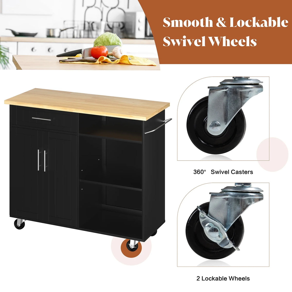 Walsunny Kitchen Island Table Stand with Storage on Wheels,Rolling Kitchen Cart Storage Cabinet with Drawer,White