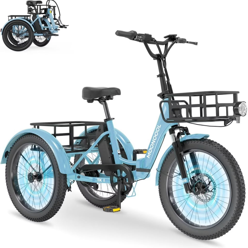 MOONCOOL TK1 Folding Electric Tricycle for Adults,48V 14.5Ah Removable battery, 500W"Peak 1000w"Motor, 20" Fat Tire Step-Thru 3Wheel Electric Bicycle w/Front&Rear Baskets, Certified to UL 2849 by SGS