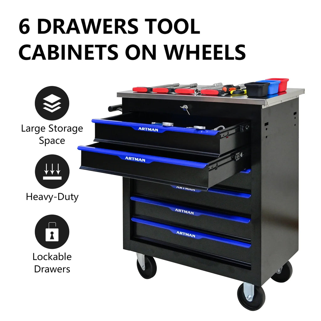 ARTMAN 6-Drawer Tool Storage Chest with Lockable Wheel,6 Drawer Tool Storage Cabinet for Garage, Warehouse, Repair Shop