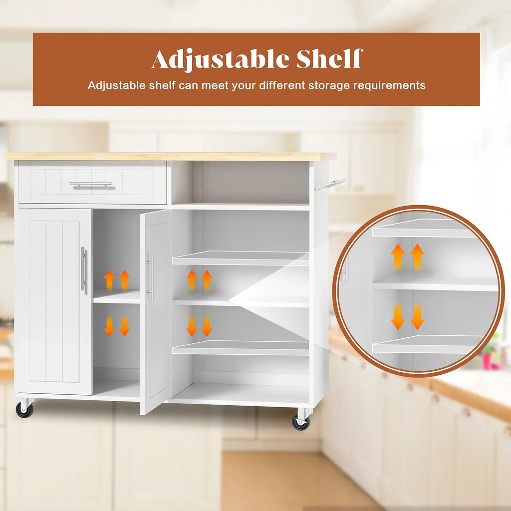 Walsunny Kitchen Island Table Stand with Storage on Wheels,Rolling Kitchen Cart Storage Cabinet with Drawer,White