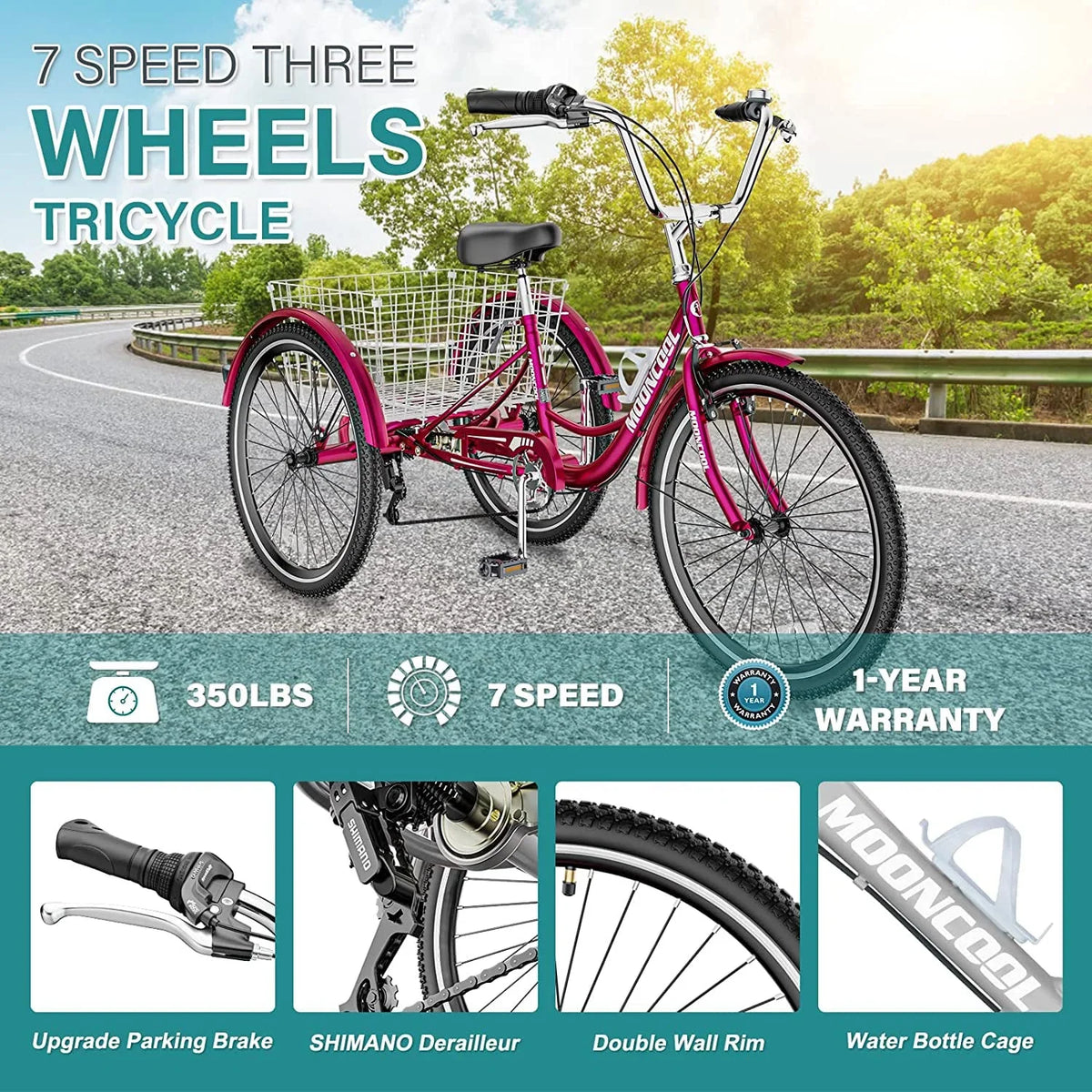 MOONCOOL Adult Tricycles with Rear Basket & Inflator, 24 26 inch 7 Speed 3 Wheel Bikes, Three-Wheeled Bicycles Adult Trike with Backrest for Seniors, Women, Men