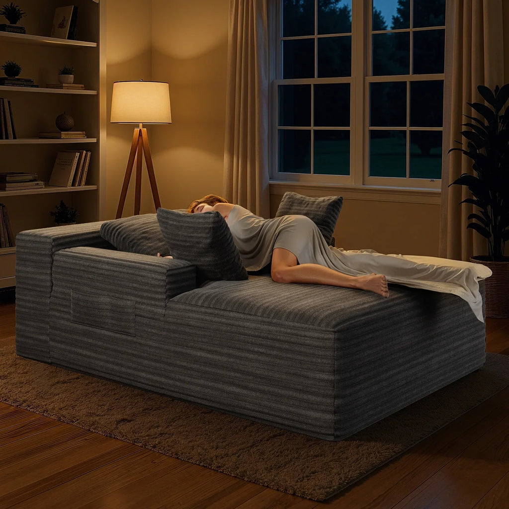 Lofka Oversized Chaise Lounge Indoor, 66"D Corduroy Upholstered Boneless Sofa Bed for Reading on Living Room & Bedroom, No Assembly Required (Beige)