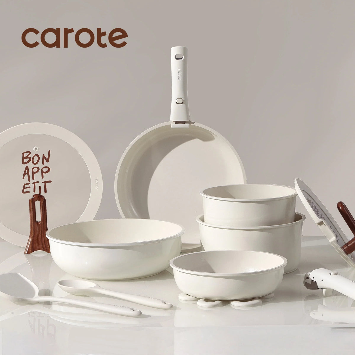 Carote 18 Pcs Ceramic Nonstick Cookware Set, Pots and Pans Set with Detachable Handles, Oven/Dishwasher Safe, Stackable Kitchen Cooking Set, White
