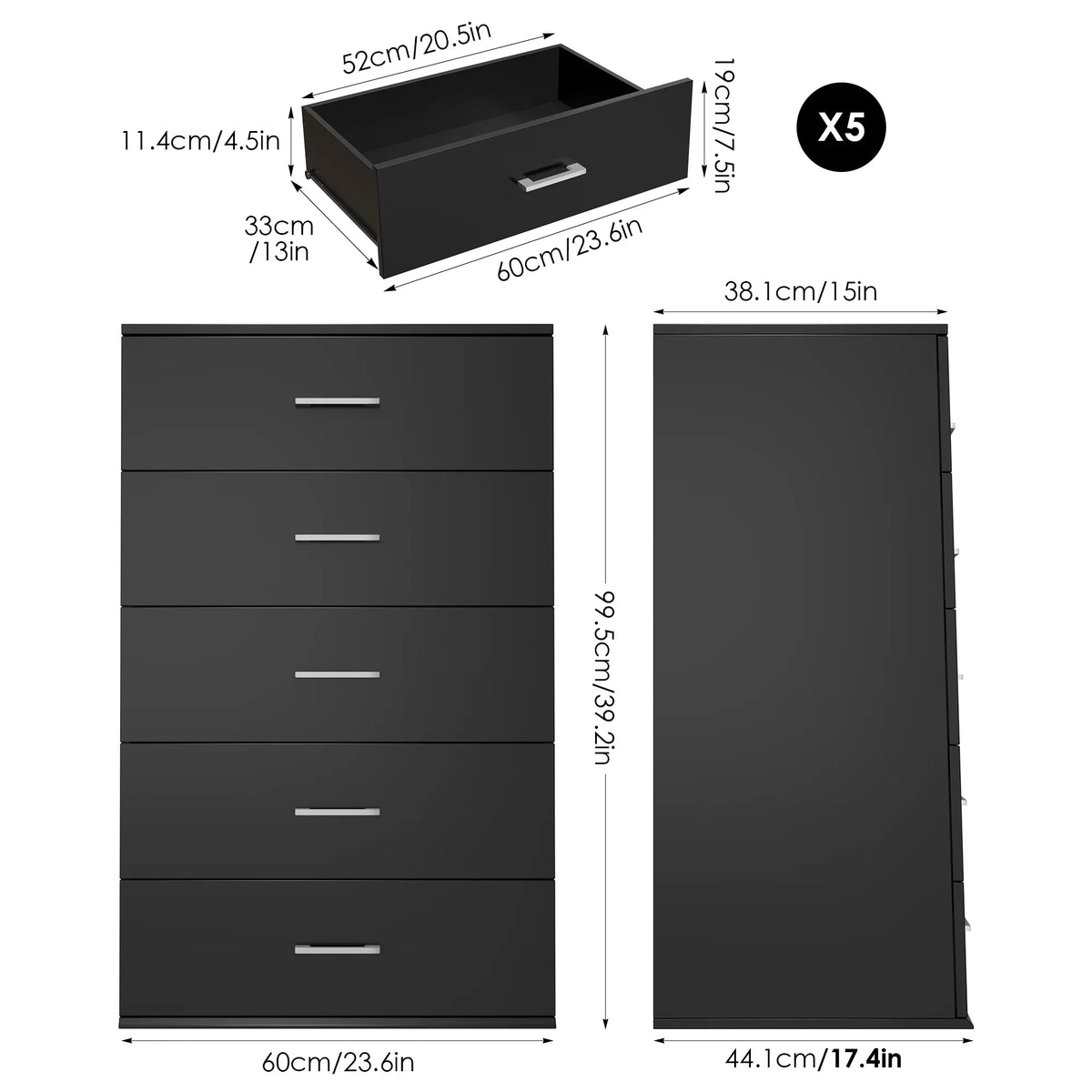 Homfa 5 Drawer Dresser, Vertical Dresser for Bedroom, Black
