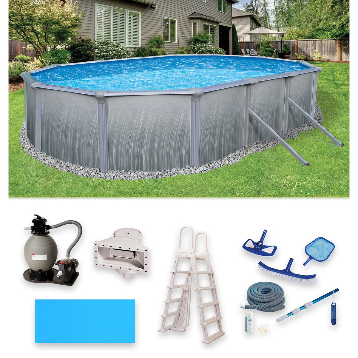 Blue Wave Martinique 12-ft x 24-ft Oval 52-in Deep 7-in Top Rail Metal Wall Swimming Pool Package