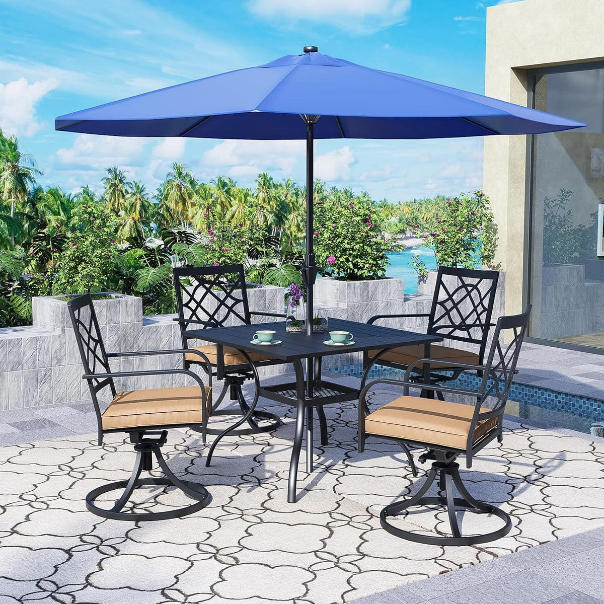 SUNCROWN 5-Piece Outdoor Wrought Iron Chairs and Table Patio Dining Furniture Set - 4 Stackable Metal Chairs, 1 Steel Slat Bistro Table and 1 Sky Blue 9Ft Patio Umbrella for Garden Backyard Deck