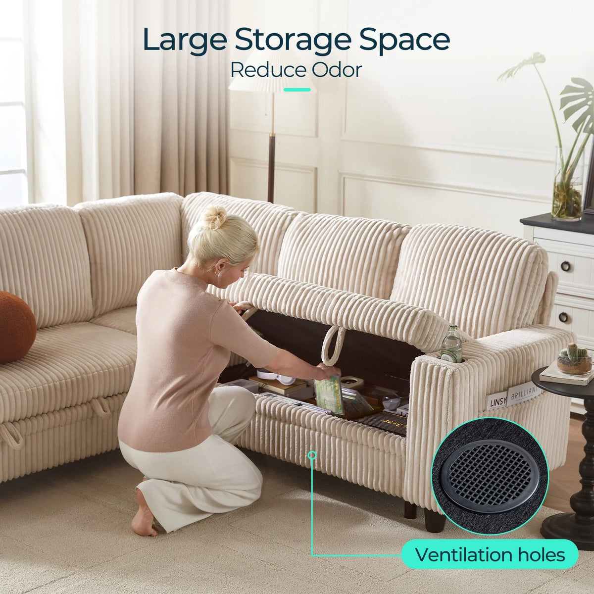Linsy Home Storage Sectional Sleeper Sofa with Pull Out Bed, 9 Seat Modular Sectional Sofa with with USB & Cup Holder, Plush Corduroy Sectional Couches for Living Room, Green