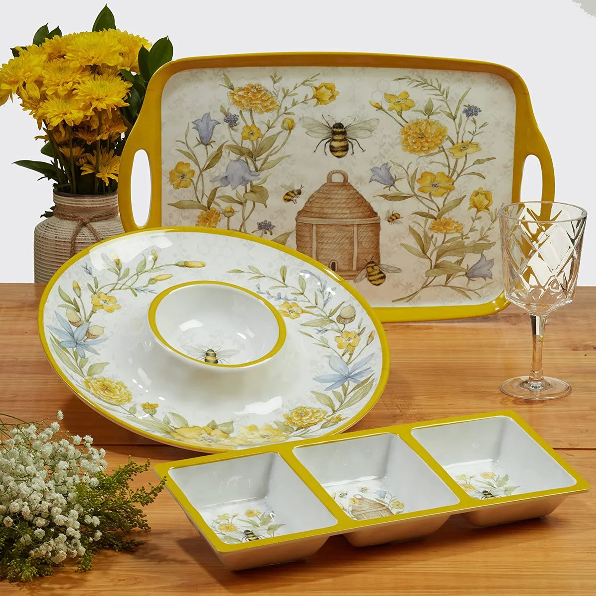& Floral 12-Piece Melamine Dinnerware Set for 4, Shatterproof Outdoor Tableware