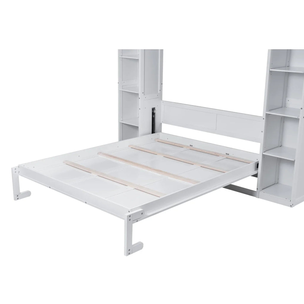 Harper & Bright Designs Full Size Murphy Bed with Shelves, Foldable Wall Bedframe w/Flexible Slats Support, Space-Saving Design, Can Be Folded Into Cabinet, White
