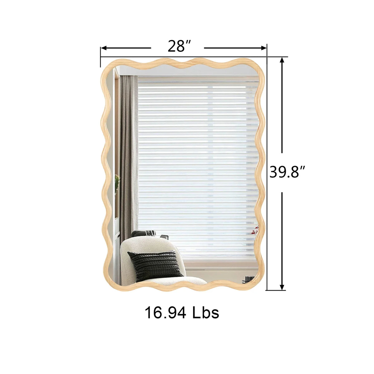 Solid Wood Wavy Frame Modern Mirror - 40x28 Inches Durable Farmhouse Wall Decor for Bathroom, Living Room & Entryway with Easy Install