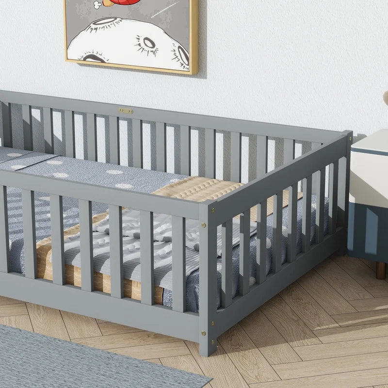 Bellemave Twin Size Floor Beds, Wood Montessori Bed with Fence Railings & Support Slats, No Box Spring Needed (Gray"