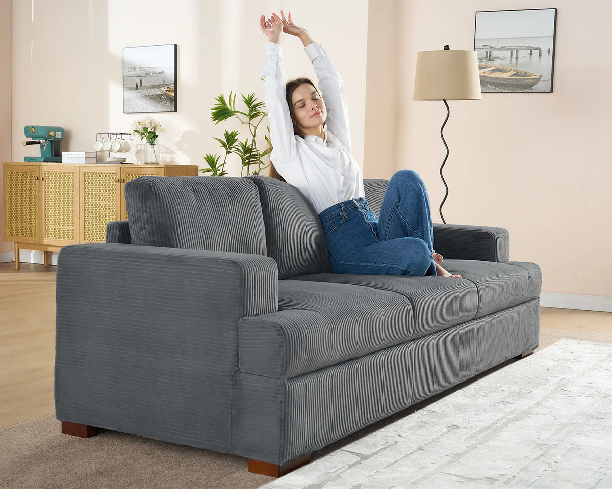 VANACC 89in Couch, Comfy Sofa with Wood Legs, 3 Seater Modern Sofa- Deep Seat Couches for Living Room, White Corduroy