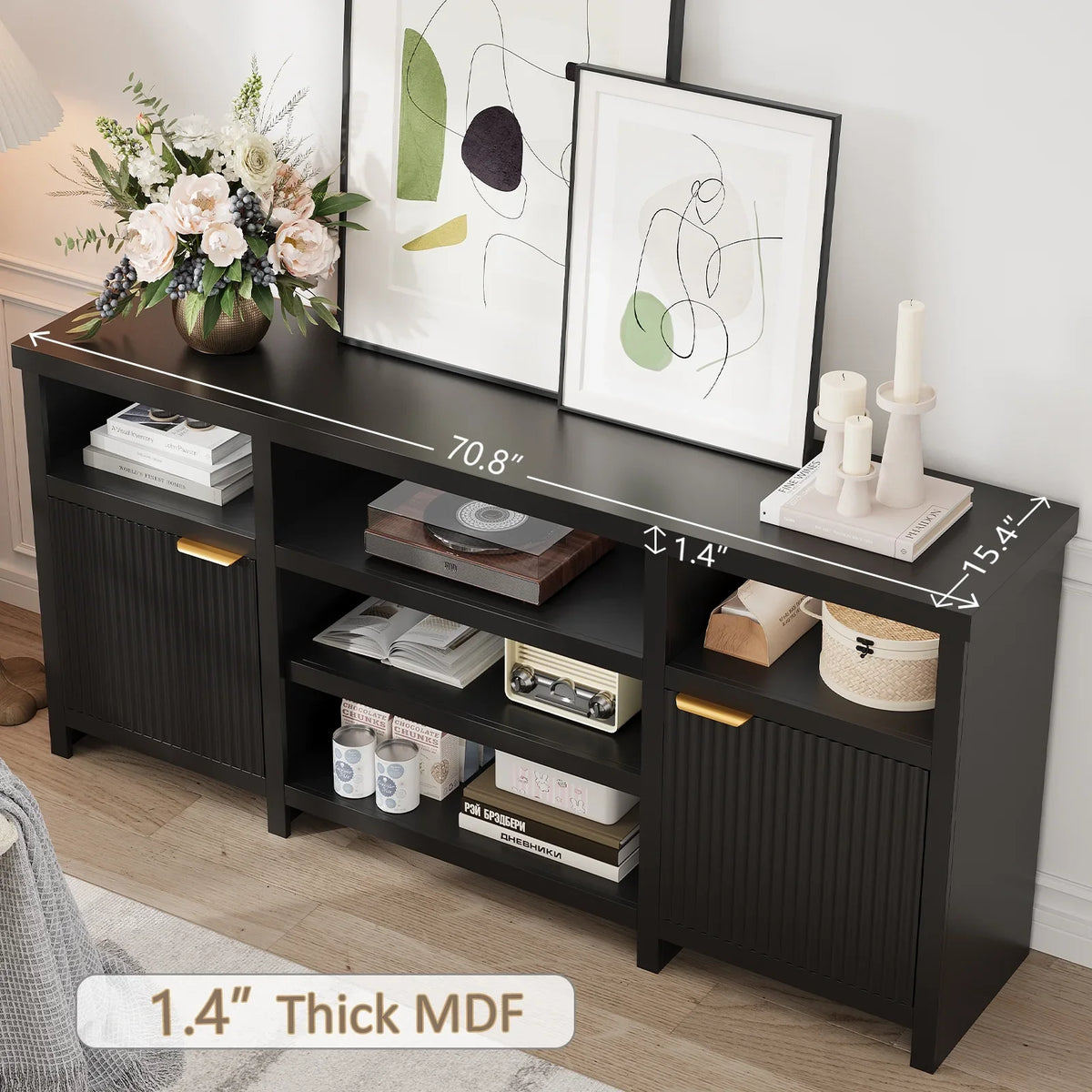 Planntonneo Mid-Century Modern Fluted TV Stand Wooden Media Console Entertainment Center for Living Room, Walnut Color