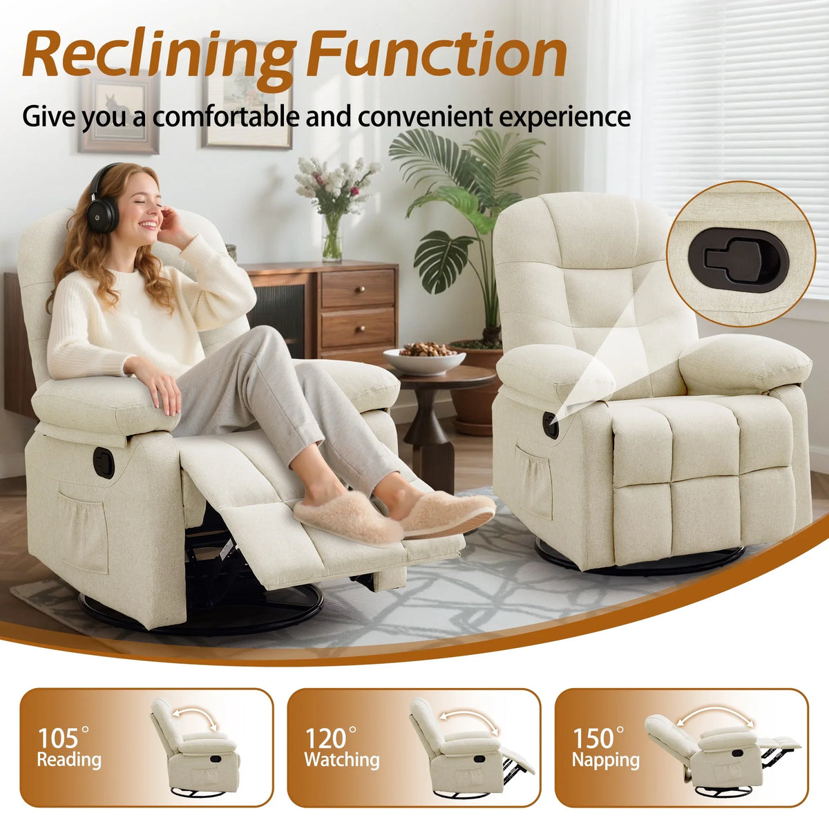 Korser Manual Swivel Rocker Recliner Chair for Living Room,Small Recliner Sofa for Small Spaces,Linen Fabric,Dark Black