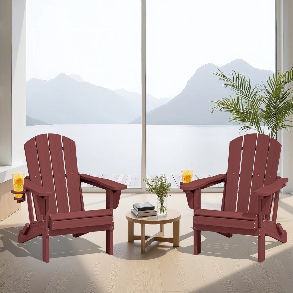 SERWALL Outdoor Adjustable Folding HDPE Adirondack Chairs Set of 2 with Cup Holder, Gray