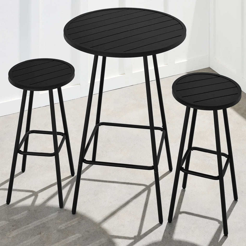 Best Choice Products 3-Piece Steel Patio Bar Height Round Bistro Set w/ Backless Stools, Slatted Design - Black