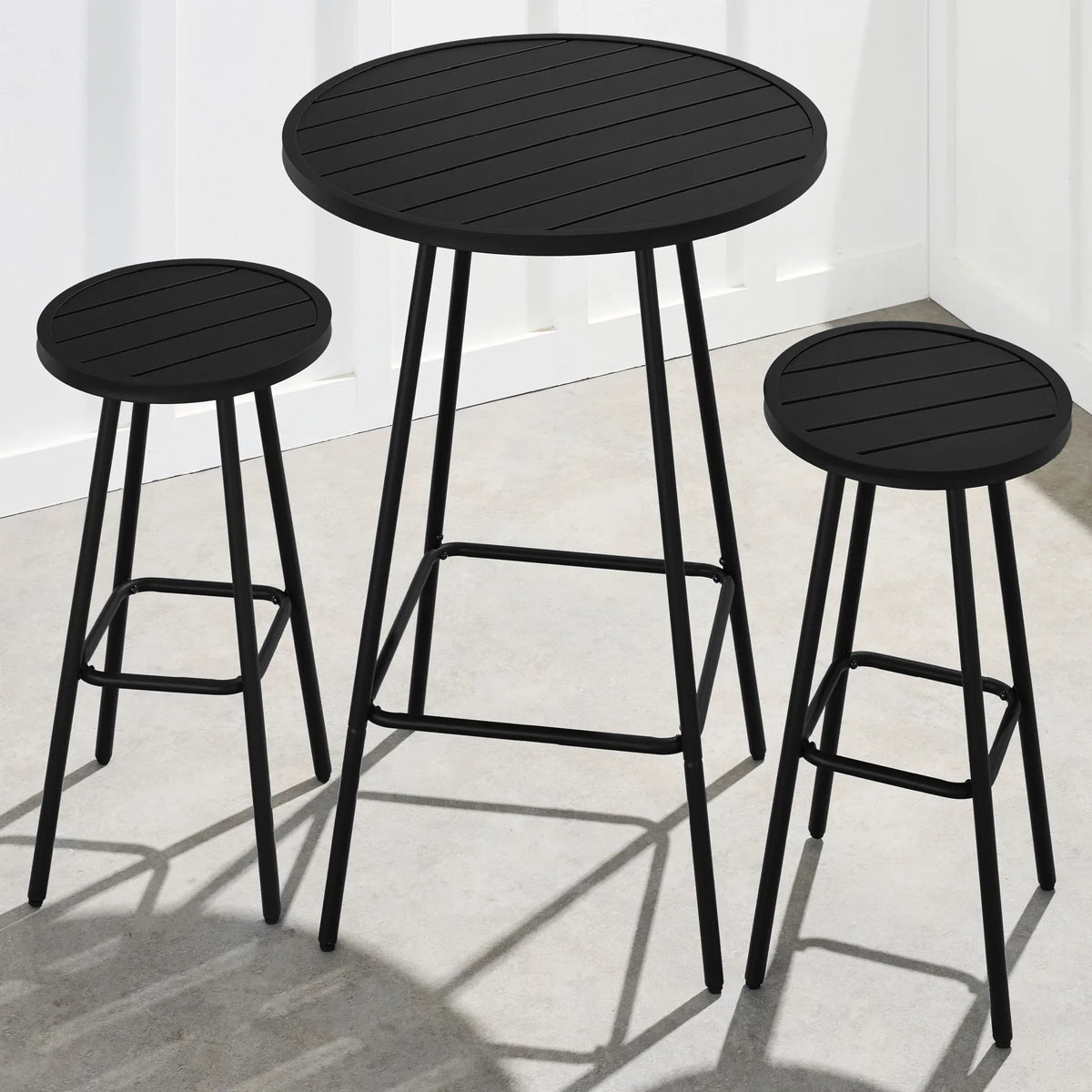 Best Choice Products 3-Piece Steel Patio Bar Height Round Bistro Set w/ Backless Stools, Slatted Design - Black