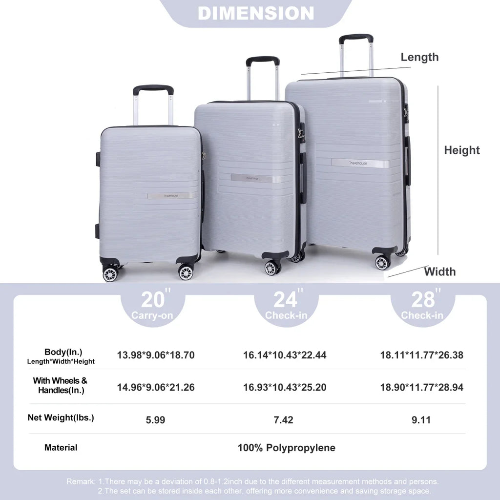 Lightweight PP Suitcase Sets with Spinner Wheels TSA Lock, Hardshell Luggage Sets for Travel Trips, 3-Piece Set (20in/24in/28in), Light Green