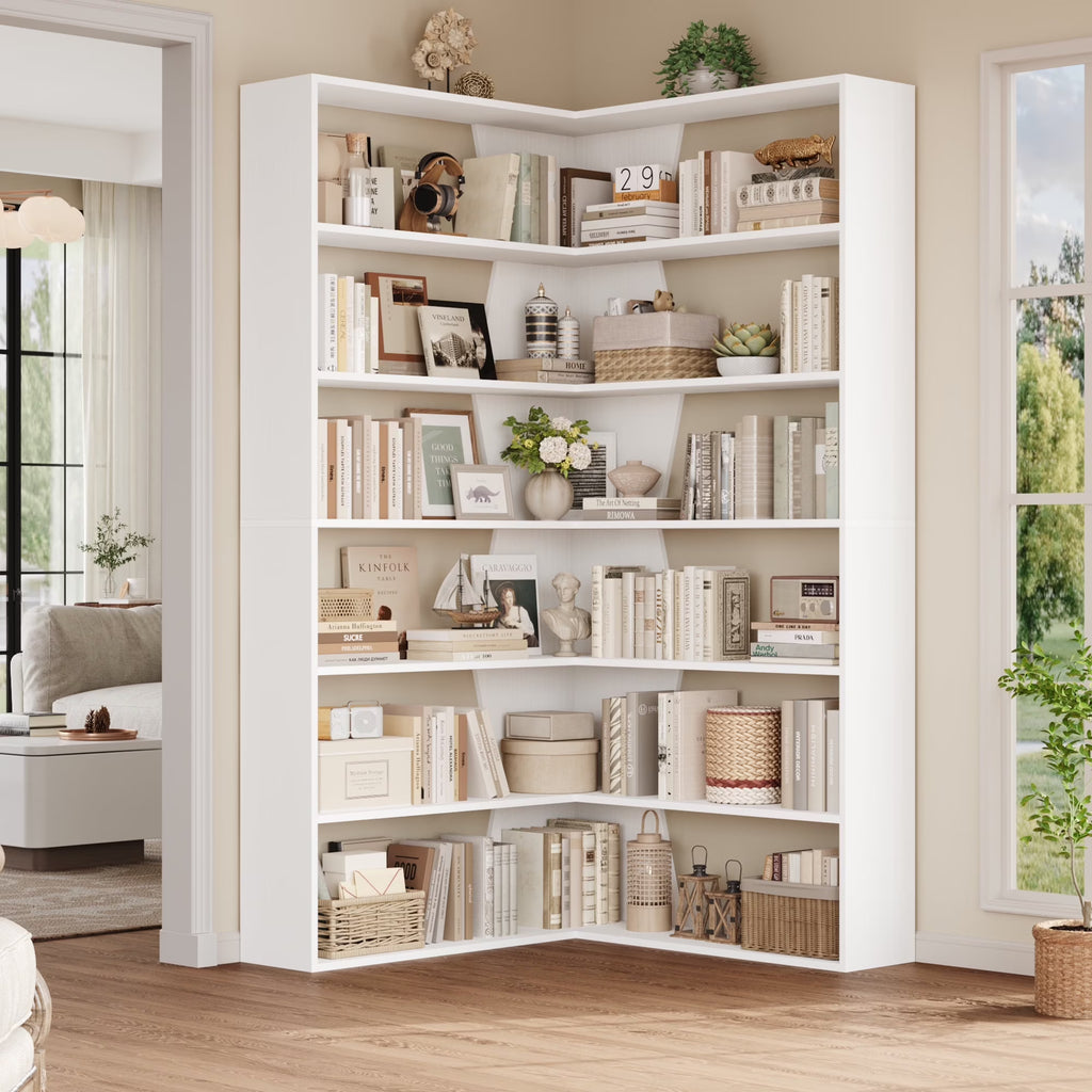 Homfa 6-Tier Corner Bookcase, L-Shaped Bookshelf with Baffle, Storage Display Rack for Office Living Room, Gray