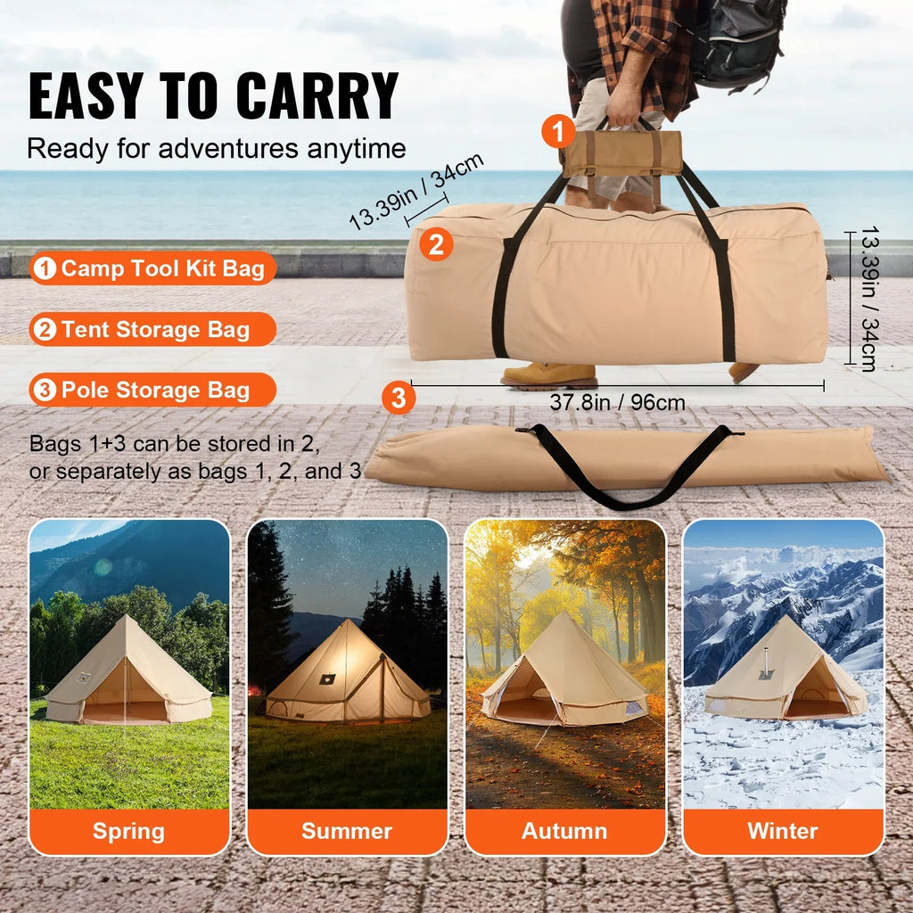 KFFKFF Canvas Bell Tent 5m/16.4ft 4-Season Camping Yurt Tent with Stove Jack