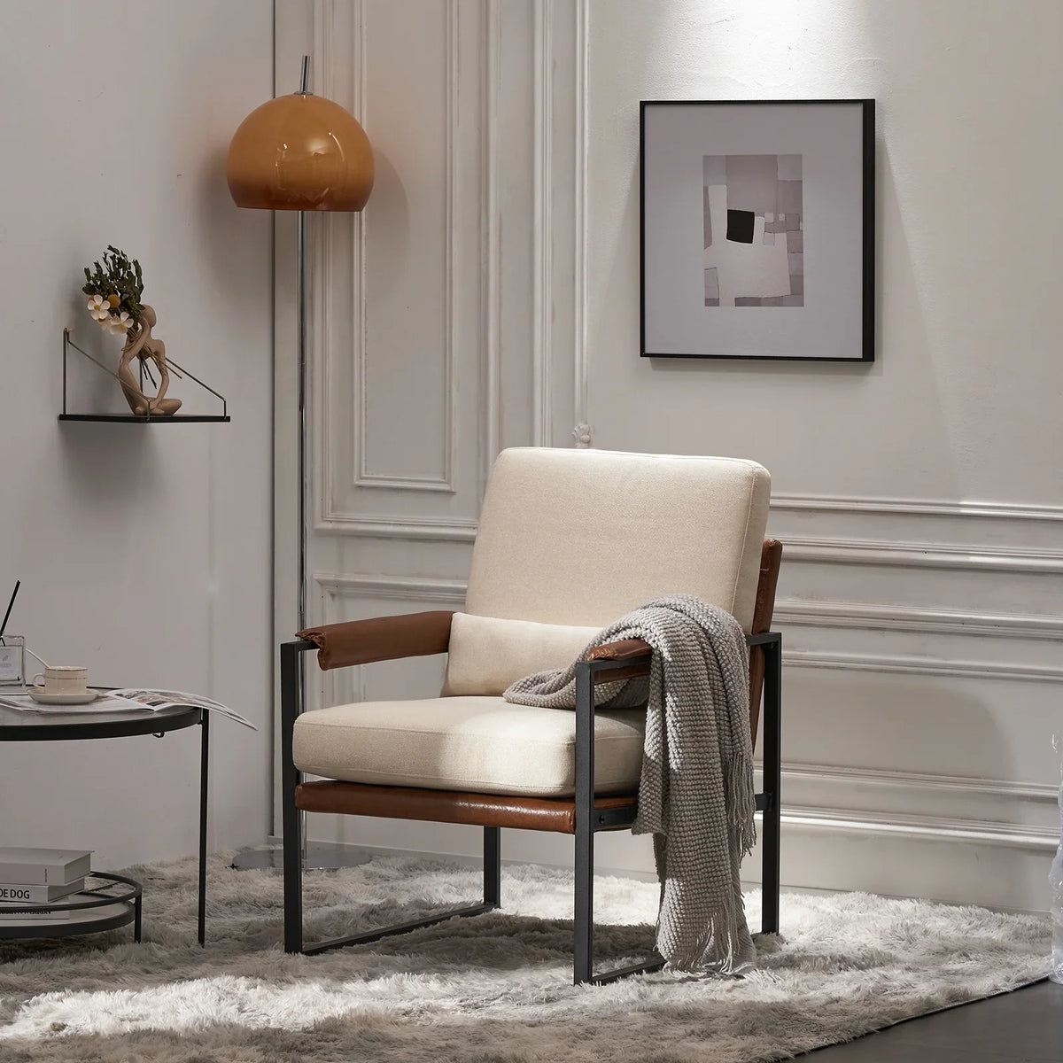Ktaxon Accent Chair Lounge Armchair Modern Linen Fabric Upholstered Single Sofa with Black Coated Metal Frame Creamy White and Brown